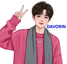 a drawing of a boy wearing a pink sweater and a scarf with the name davorin below him
