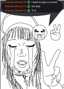 a drawing of a girl with a peace sign and a speech bubble that says " princess pervert iv "