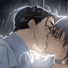a man and woman are kissing in the rain in a painting .