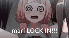 a girl with a surprised look on her face and the words mari lock in