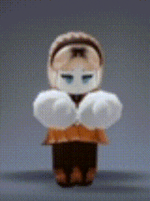 a pixelated image of a doll with blue eyes and a headband