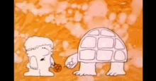 a cartoon of a man standing next to a turtle