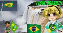 a picture of a girl and a boy holding flags with the words i love brazil on top