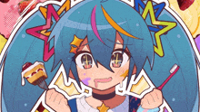 a cartoon girl with blue hair is holding a fork and toothbrush