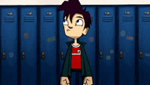 a cartoon character with a g on his shirt is standing in front of blue lockers