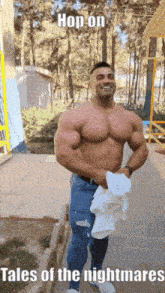 a muscular man is holding a piece of paper with the words hop on tales of the nightmares on the bottom