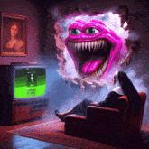 a nun sits in front of a television with a monster coming out of the wall behind her