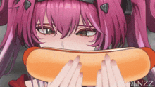 a girl with pink hair is holding a hot dog in her hands