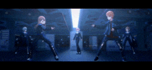 a group of anime characters are dancing in a dark room with a light shining through the ceiling