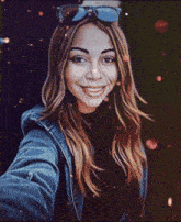a woman wearing sunglasses is taking a selfie with sparklers coming out of her mouth
