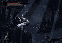 a pixel art of a knight in a dark forest