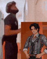 a man with a beard is standing next to a man in a vest with suspenders
