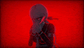 a girl with red eyes is standing in front of a red background with chinese writing