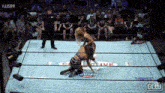 a woman is wrestling another woman in a wrestling ring with a crowd watching .