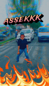 a man standing on a crosswalk with the words assekkk written above him