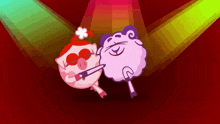a cartoon pig and a sheep are kissing in front of a stage