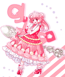 a drawing of a girl in a pink dress with the letter a behind her