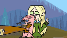 a cartoon of a girl holding a pink animal with a long nose