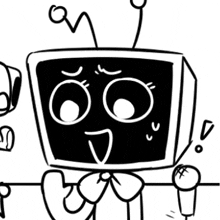 a black and white drawing of a robot with a bow tie and a microphone .