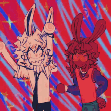 two rabbits are standing next to each other on a colorful background .