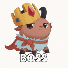 a cartoon drawing of a goat wearing a crown and cape with the word boss below it