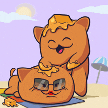 a cartoon of two cats laying on a beach with one wearing sunglasses