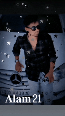 a man wearing sunglasses stands in front of a mercedes