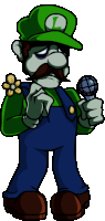 a cartoon of luigi holding a microphone and wearing overalls
