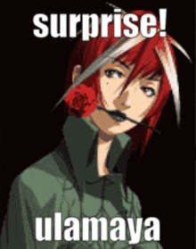 a girl with red hair has a rose in her mouth and says surprise