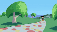 a cartoon drawing of mickey mouse walking on a path