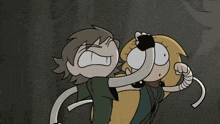 a cartoon of a man holding a woman 's face with his fist