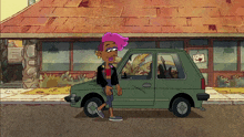 a cartoon character is standing next to a green car in front of a building
