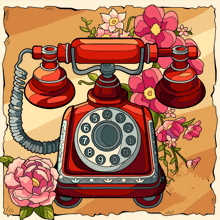 a red telephone is surrounded by pink flowers on a brown background