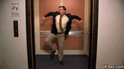 un gif d'un homme dansant dans un ascenseur en quittant le travail