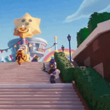 a cartoon character is walking down a set of stairs in front of a carnival