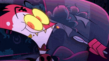 a cartoon character is holding a spoon and smiling