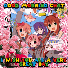a picture of anime girls with the words good morning chat i wish you all a very great day on the bottom