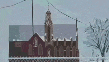 a drawing of a church with a clock tower and a tree in the foreground is signed by olivia mitchell