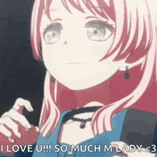 a pink haired anime girl is saying `` i love u ! ''
