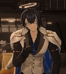 a man with a halo on his head is wearing glasses