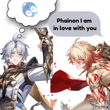 two anime characters are standing next to each other with a thought bubble that says phainon i am in love with you
