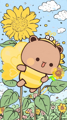 a cartoon drawing of a bear dressed as a bee holding a flower