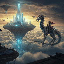 a knight is riding on the back of a robotic dragon in front of a futuristic city