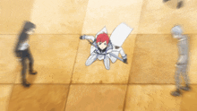 a boy with red hair is flying through the air with a sword in his hand