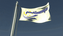 a white and blue flag that says poliment is waving in the wind