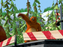 a cartoon bear is standing on a red and white striped barrier