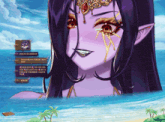 a purple anime character is standing in the ocean with a pirate ship in the background