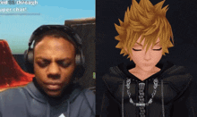 a man wearing headphones next to a picture of a boy with yellow hair