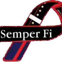 a red black and blue ribbon with the words semper fi on it