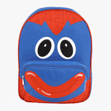 a blue backpack with a face on it